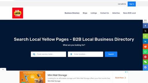 B2B local business directory homepage with listings for services, shops, and suppliers by city and industry
