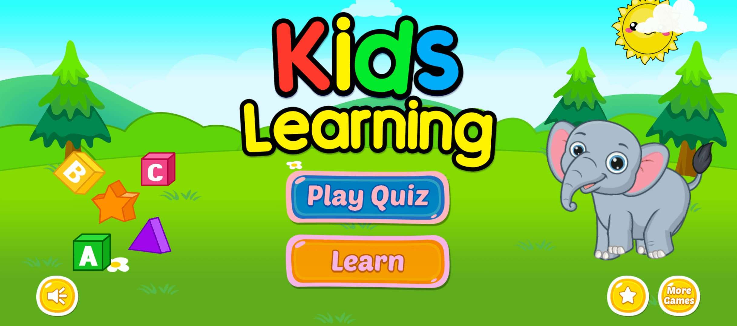 Kids learning app with fun educational games and colorful activity categories for preschool and kindergarten