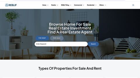 REBLIF real estate platform showing US and India property listings for sale and rent